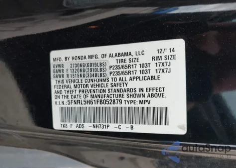 2015 Honda Odyssey Ex-L from USA, damaged, VIN 5FNRL5H61FB052879